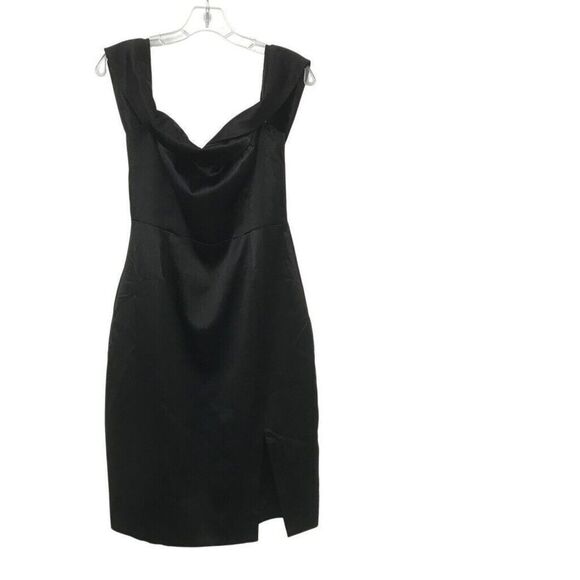 Lulus Classic Glam Off The Shoulder Bodycon Dress Medium Black Satin Side Slit - Picture 1 of 4